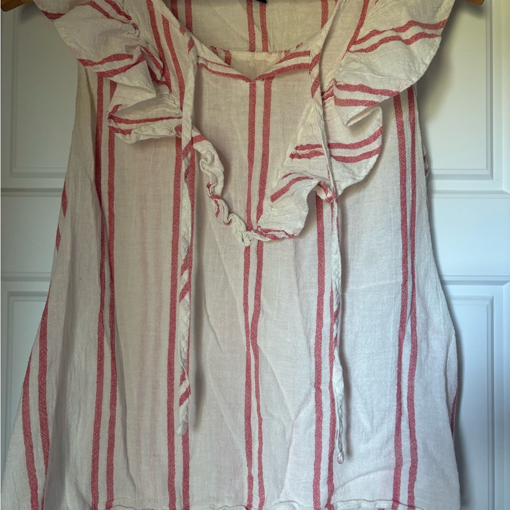 Universal Thread Cream Tunic with Red Vertical Stripes and Ruffle Neck